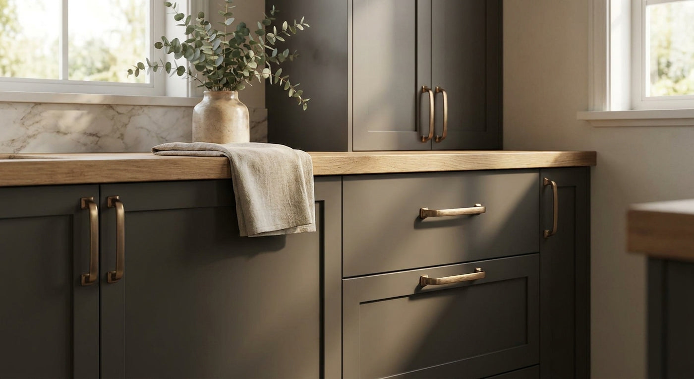 Brushed bronze cabinet pulls for kitchen remodels