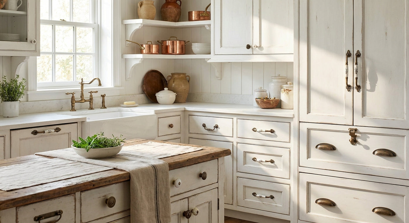 French country cabinet hardware for white kitchens