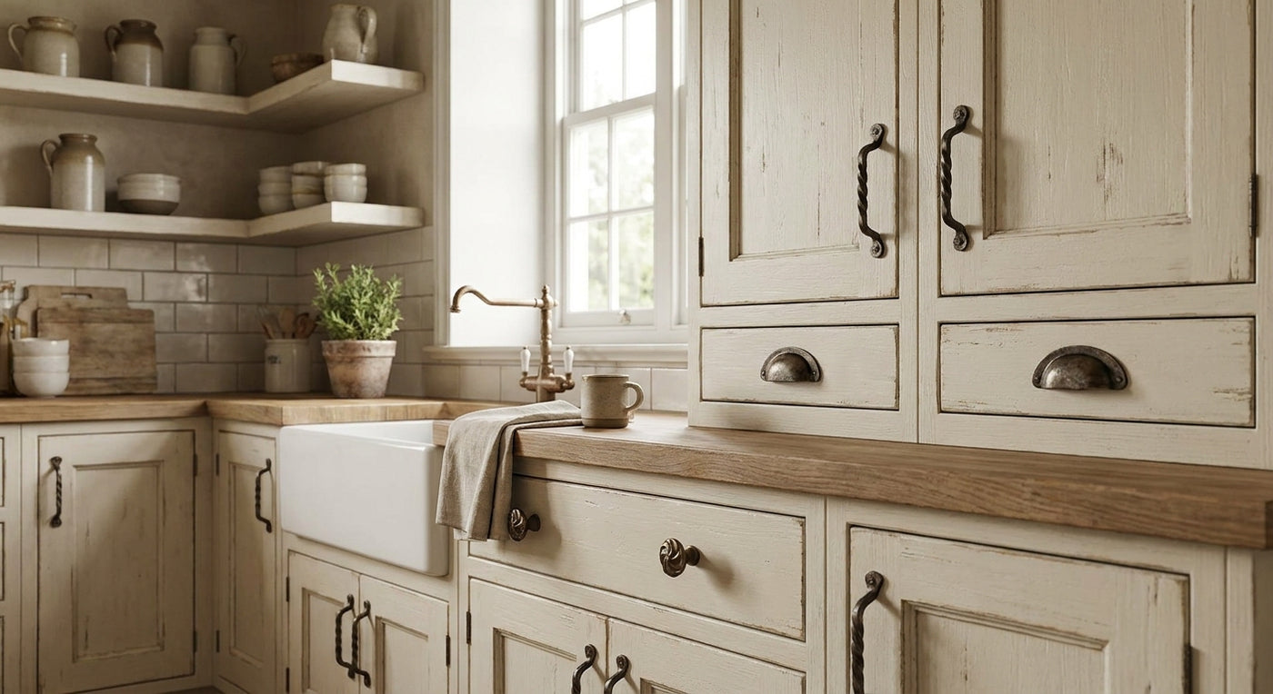 Rustic cabinet hardware for farmhouse kitchens