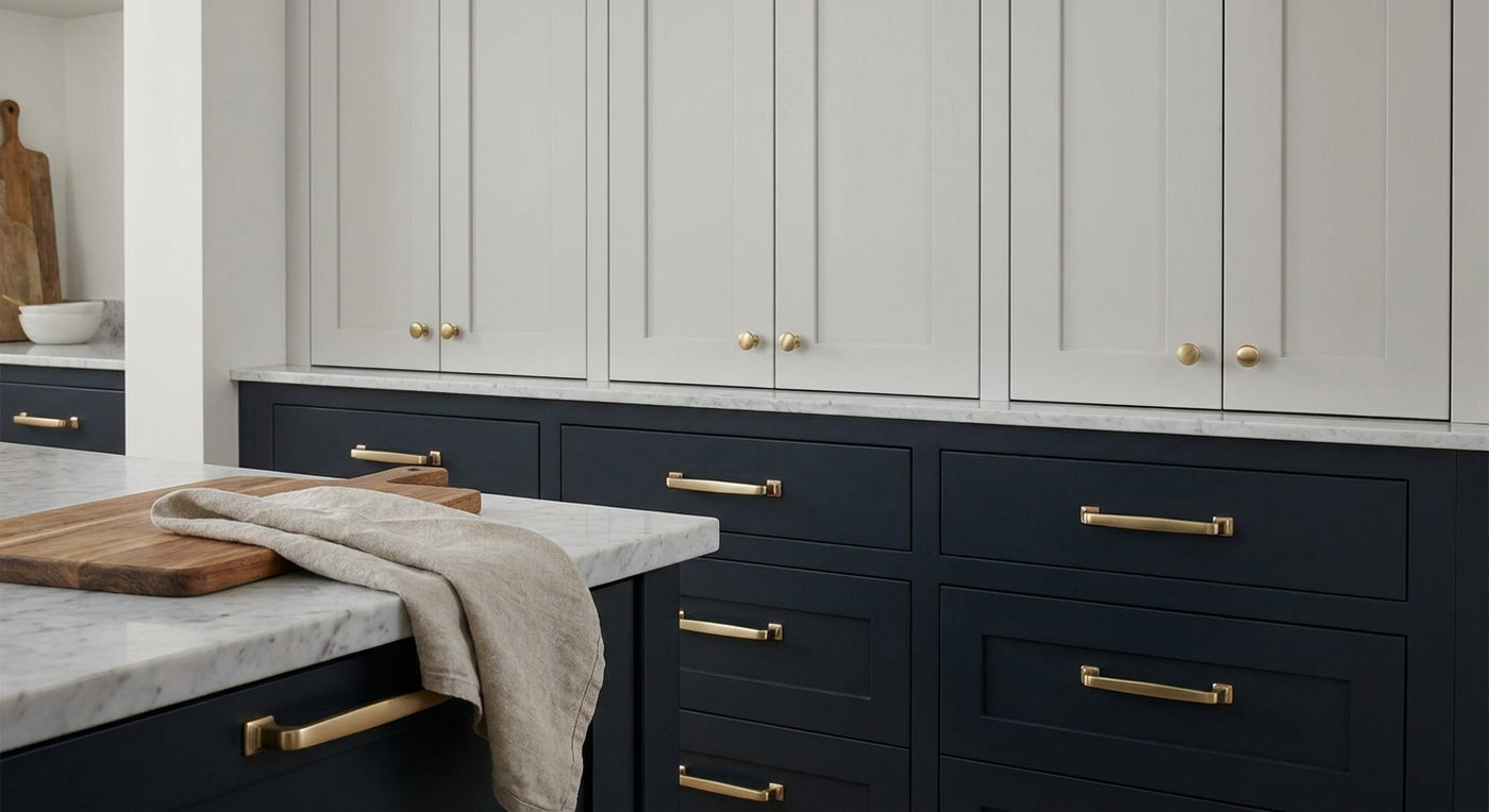 Transitional cabinet hardware for two-tone kitchens